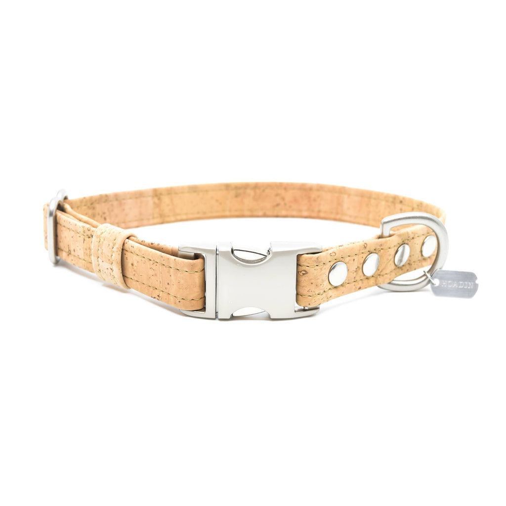 Eco-friendly, dog collars, cork fabric, eco-conscious, stylish, aluminum buckle, brass, water resistant, sustainable, leather alternative, dogs, pets, poop bag holder