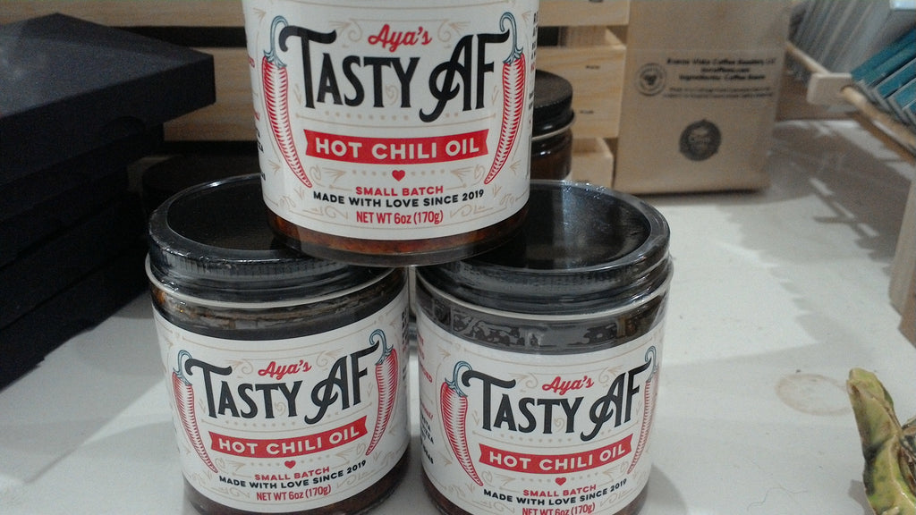 Aya’s Tasty AF Hot Chili Oil Small Batch Gluten-free, plant-based, nut-free, and all natural, cooking oil or spread, food condiment, Fairfield 