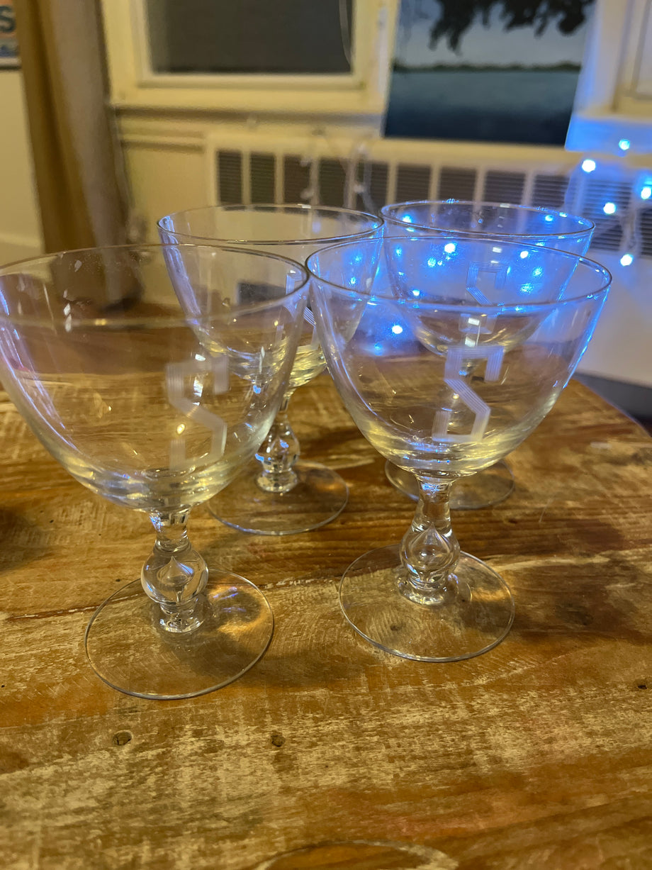 Vintage 4oz wine glasses with etched S