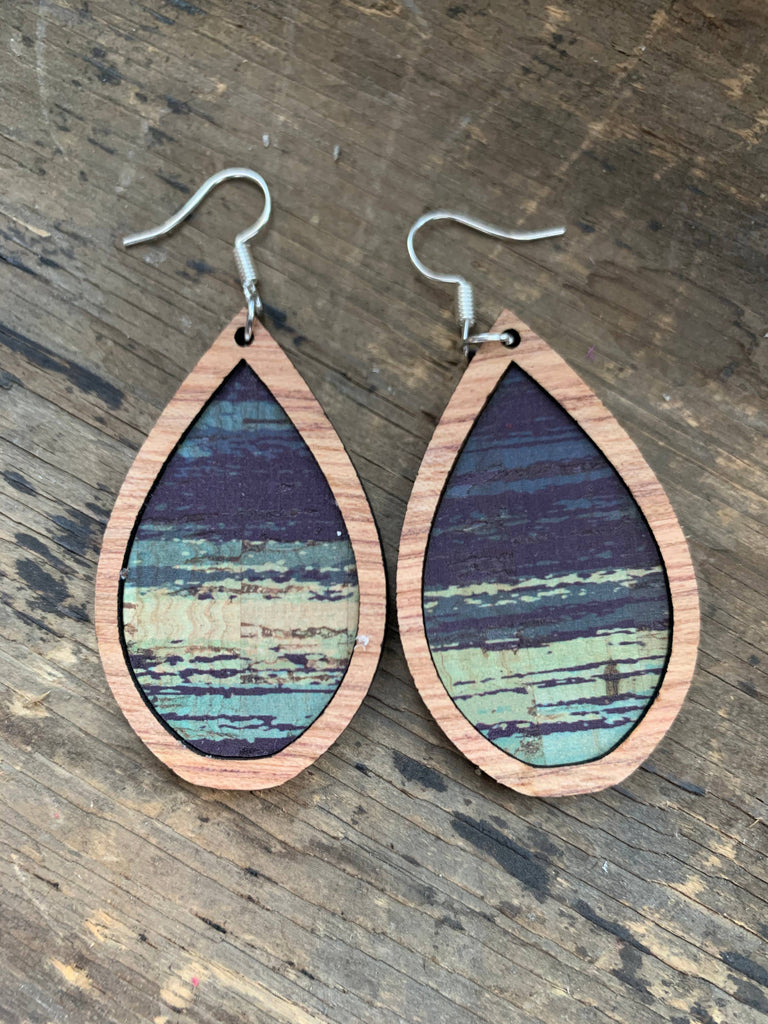 Wood Teardrop Earrings with Blue and Green Brush Strokes - lightweight, Bolivian rosewood earrings, cork fabric, nickel free, jewelry, gifts, eco friendly