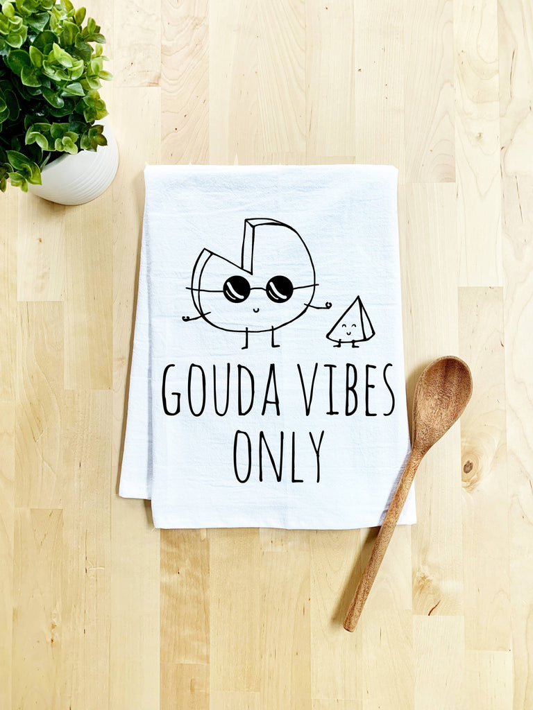 tea towels, dish towels, dish cloth, kitchen towel, funny kitchen, handmade, screen printed, hand drawn, kitchen decor, 100% cotton, made in usa, eco-friendly ink, funny towel, flour sack towels, cheese, gouda, good vibes, pun