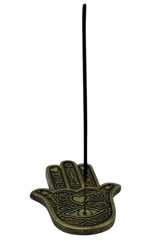Hamsa Hand Incense Burner is 5 x 4 inches. Used or meditation and room deodorizing and clearing, gold stain-washed, for protection against the evil eye and to bring fortune and fertility
