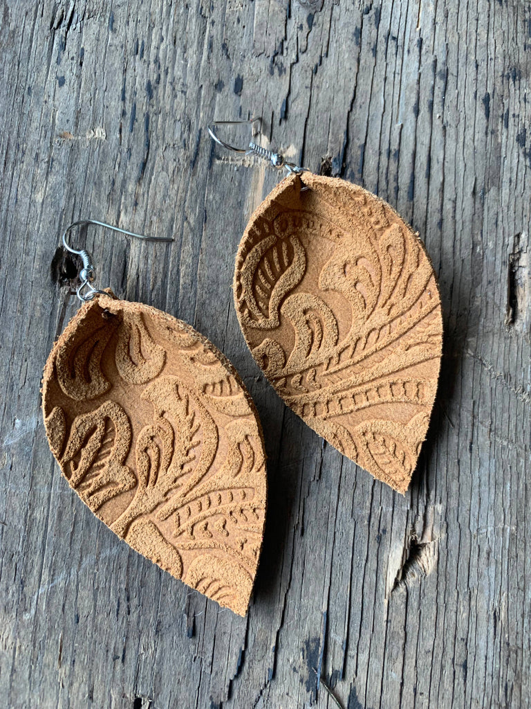 Tan Suede Floral Leather Earring - Petal Shape, Nickel free, Jewelry, gifts, floral pattern, Earrings Leather