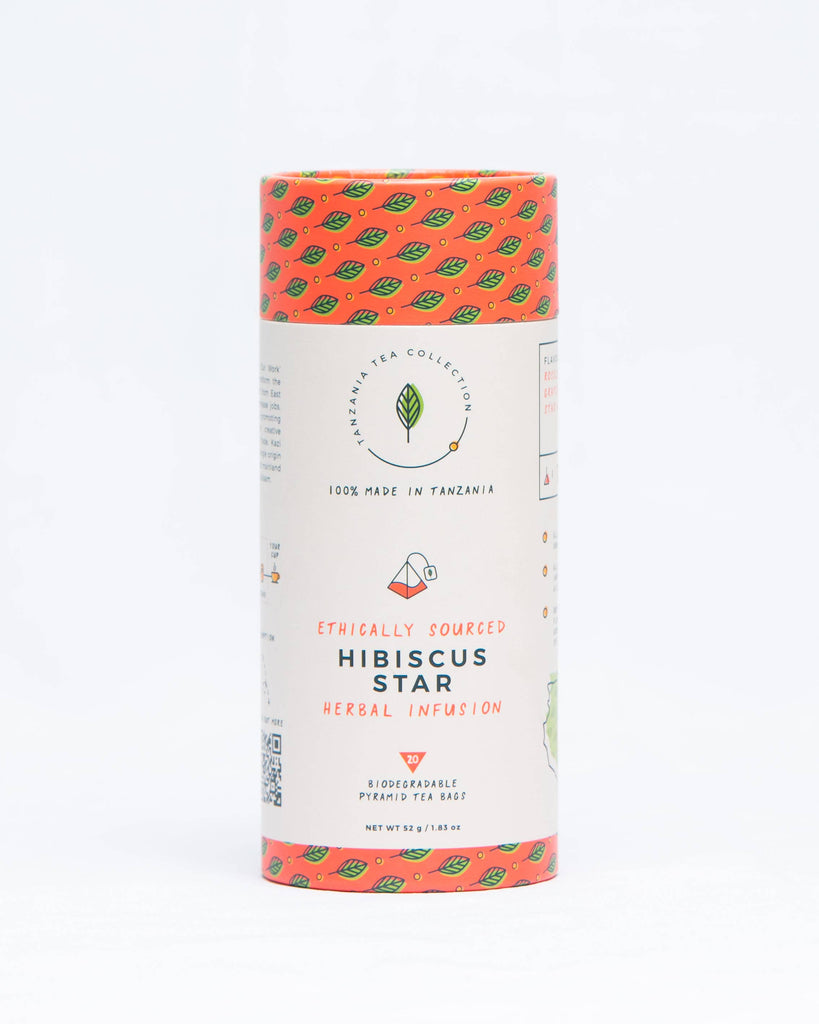 Hibiscus Star Herbal Tea - Dried rosella hibiscus, ginger from Tanga, star anise from Zanzibar, relaxing, biodegradable pyramid tea bags, compostable