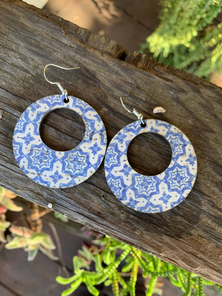 Blue and White Mosaic Hoop Earrings - Cork leather fabric earrings, genuine leather, 2" hoop earrings, nickel free, jewelry, gifts