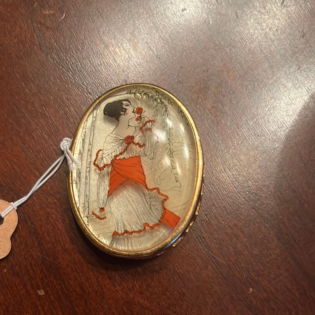 Vintage Pin of a woman smelling a rose - Eco Evolution