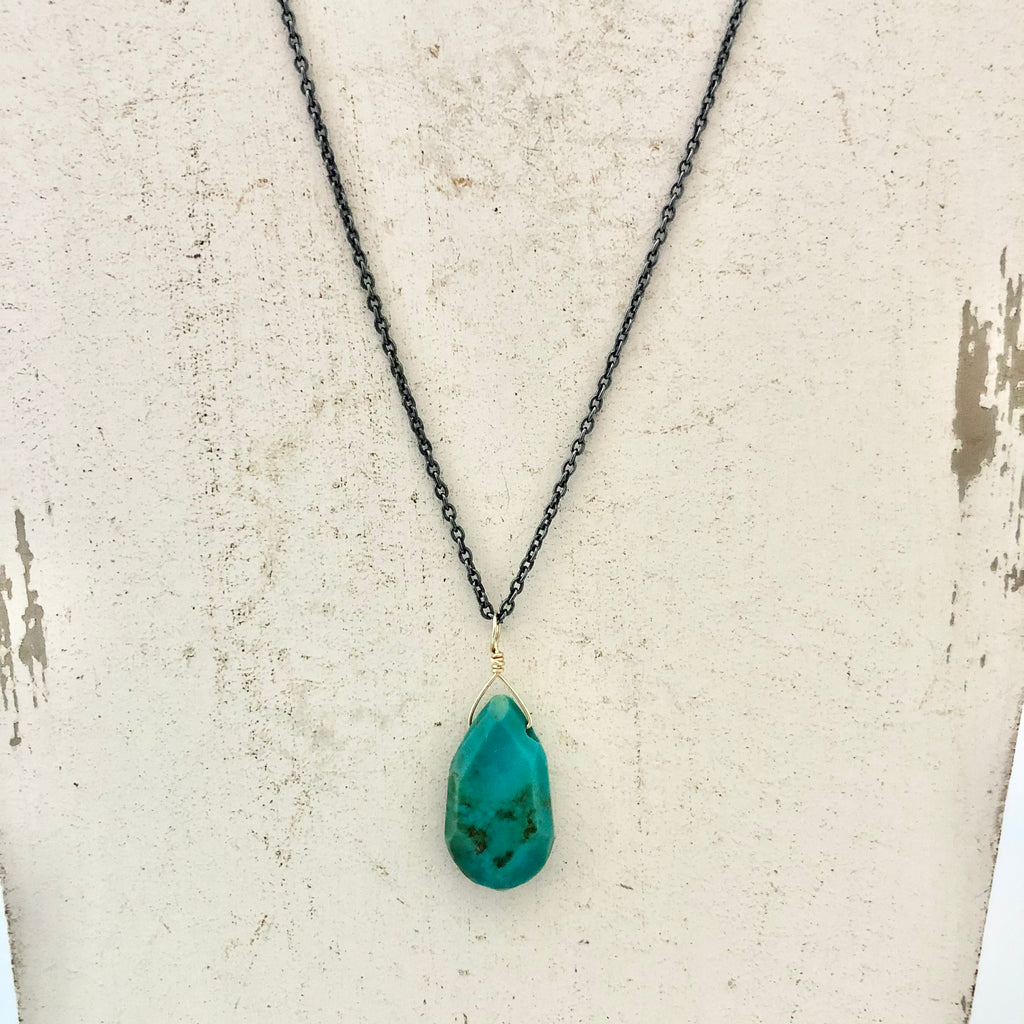 Simple Turquoise Pendant Necklace on Oxidized Serling Silver & 14k Adjustable Chain  16-18” - Eco Evolution