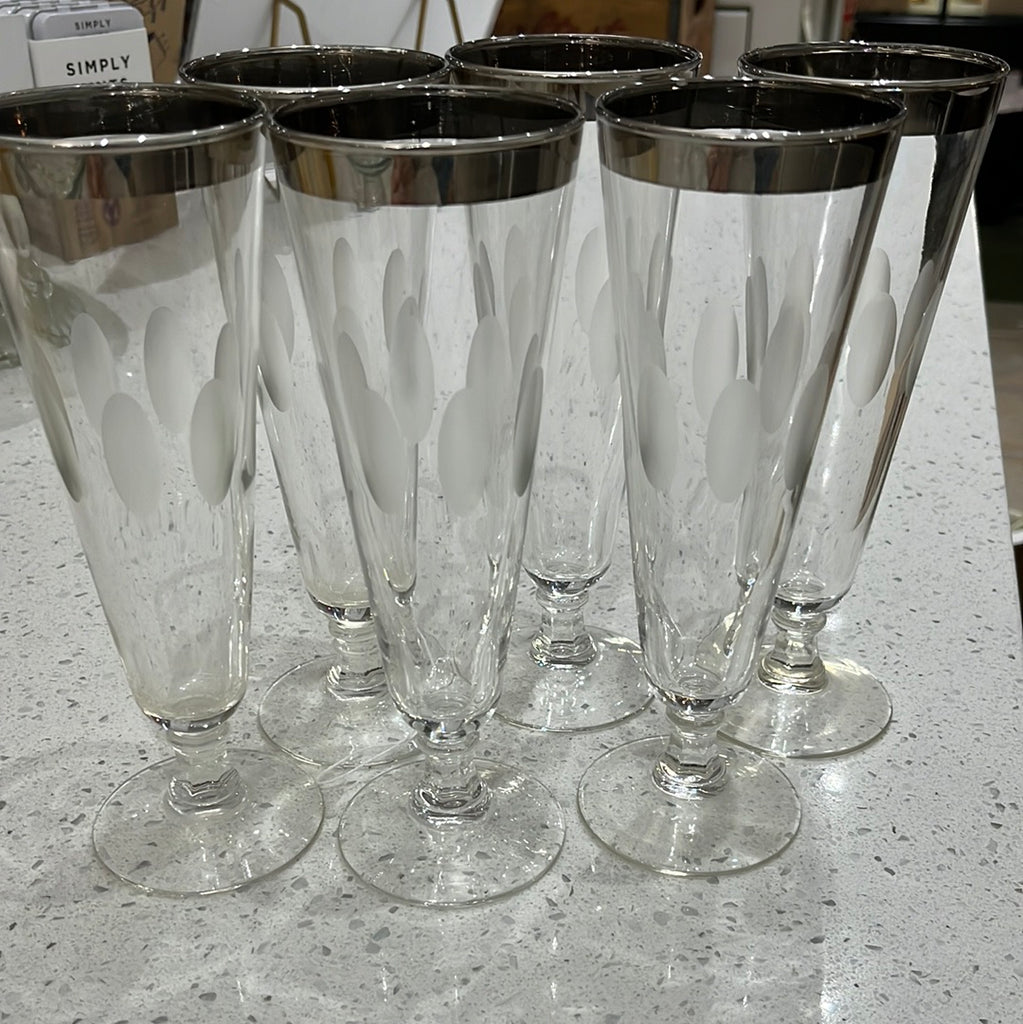 Vintage silver Rimmed Etched  Pilsner Glasses - set of 6 - Eco Evolution