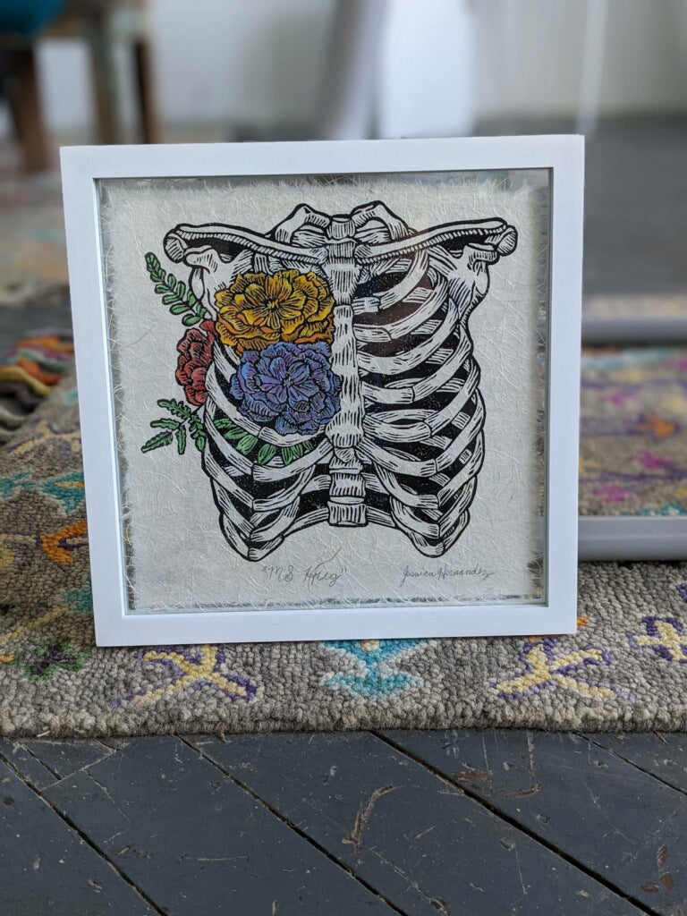 A block print made by Jessica Hernandez of Strange Birdie Design from her studio at the Metro Arts in Bridgeport.