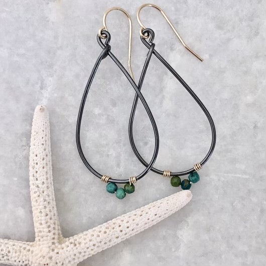 Oxidized Serling Silver  & Gold Fill Teardrop Hoops with Turquoise - Eco Evolution