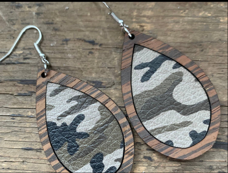 Camo Leather Wood Teardrop Earrings with Multi Colored Floral Gold Cork - Eco Evolution