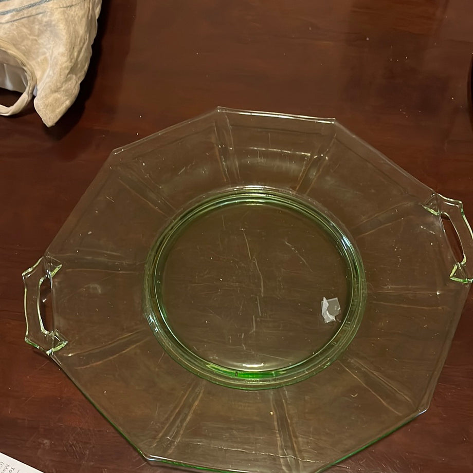 Vintage 1920's Depression Uranium Glass Plate with handles Eco Evolution