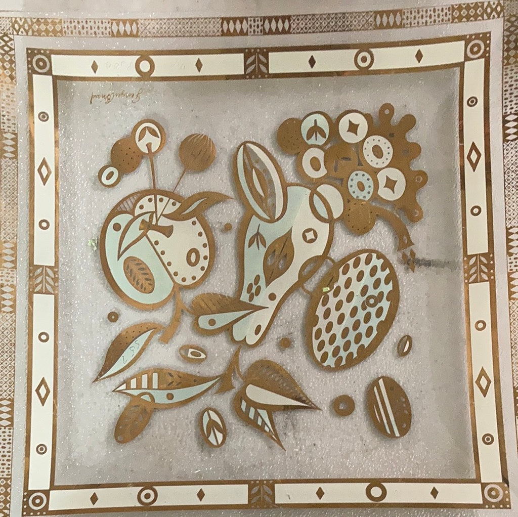 Vintage Georges Briard Square Glass Tray with Gold Fruit Design - Eco Evolution