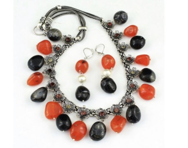 Amazingly Unique 127Gm Carnelian And Tibetan Silver Necklace And Earring Set - Eco Evolution